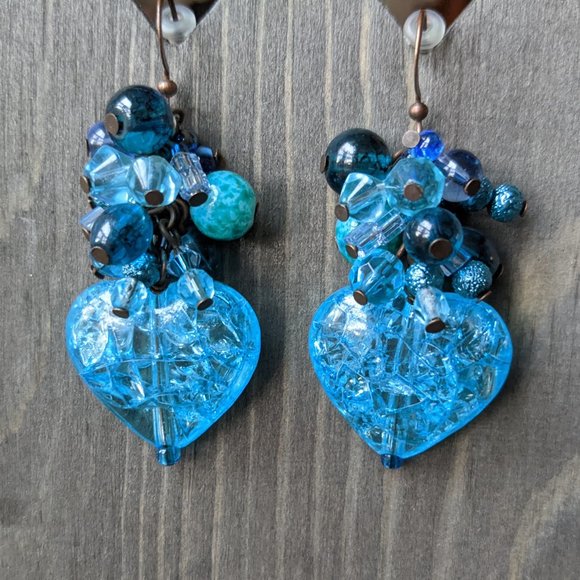 Mixed Blue Glass Bead & Blue Crackle Heart Cluster Earrings - Picture 14 of 16